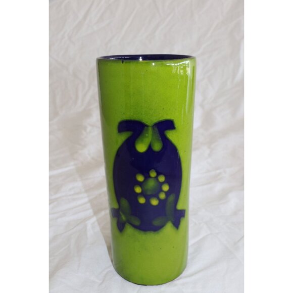 Vintage 1960's Green Blue Abstract Tall Ceramic Vase Studio Art Pottery Handmade - Picture 1 of 10